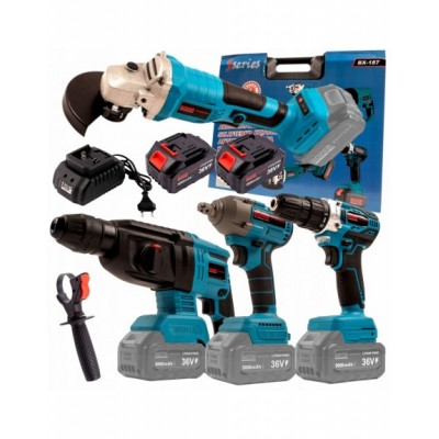 ZESTAW NARZĘDZI AKUMUL. 36V 4W1 MŁOTOWIERTARKA SZLIFIERKA...